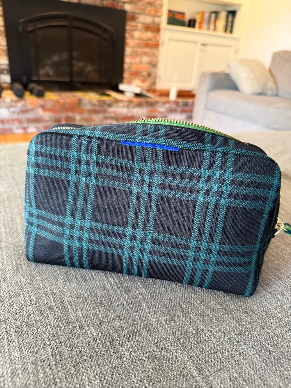 Rothy's Black and Teal Plaid Pouch with Green Accent